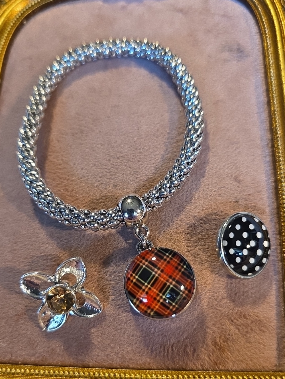 Interchangeable Silver Mesh Snap Charm Bangle Bracelet w/ 3 Charms